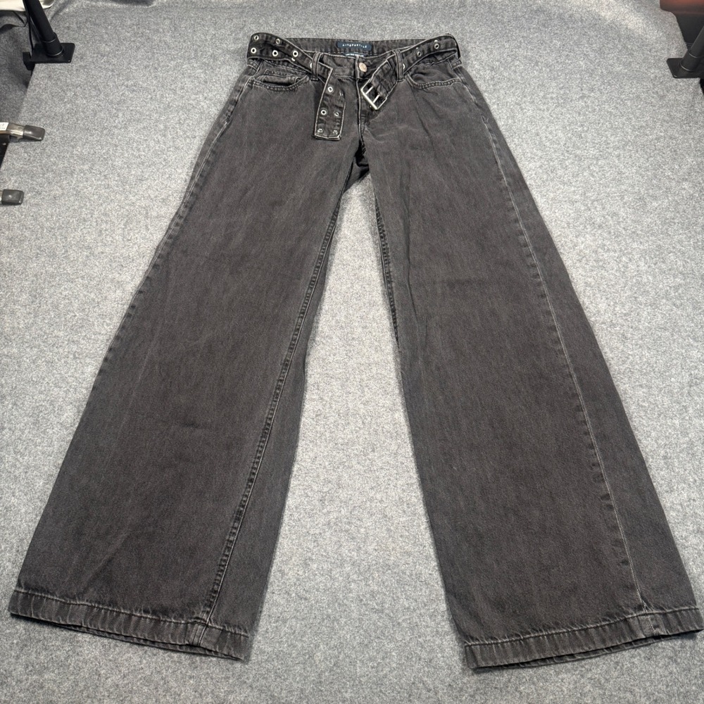 Aeropostale Low Rise Wide Leg Jeans Washed Black Grommet Belt Size 4 Reg Skater